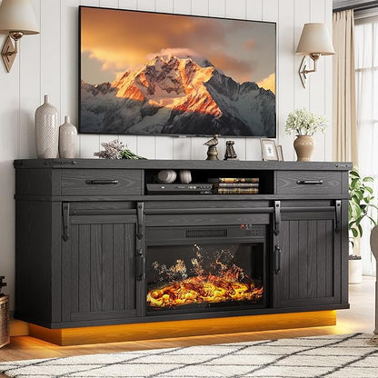 Jocoevol Fireplace TV Stand for TVs up to 65", Electric Fireplace with 3D Flame, Farmhouse LED Light Entertainment Center TV Console with with 2 Drawers, Sliding Barn Door for Living Room - Black