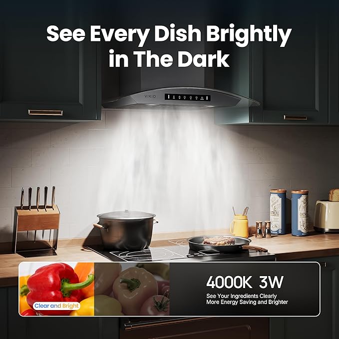 VIKIO HOME 36" Wall Mount Range Hood Tempered Glass 900 CFM, Kitchen Vent Stainless Steel with Gesture Sensing, Touch Control Switch Panel, Suitable for 7-9ft, Ducted, 3-Speed, Permanent Filter