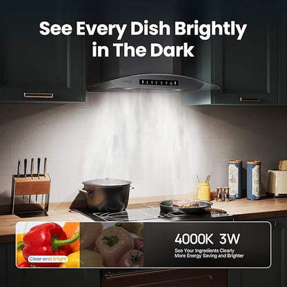 VIKIO HOME 30" Wall Mount Range Hood Tempered Glass 900 CFM, Kitchen Vent Stainless Steel with Gesture Sensing, Touch Control Switch Panel, Suitable for 7-9ft, Ducted, 3-Speed, Permanent Filter
