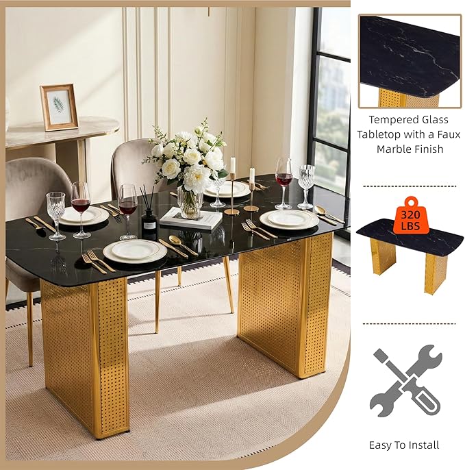Modern Rectangular Dining Table, Tempered Glass Marble-Top with Gold Dual Pedestal Base, 6-8 Seater, Perforated Metal Frame for Stability, Stylish Kitchen Table for Dining Room and Home Office Use