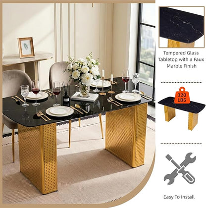 Modern Rectangular Dining Table, Tempered Glass Marble-Top with Gold Dual Pedestal Base, 6-8 Seater, Perforated Metal Frame for Stability, Stylish Kitchen Table for Dining Room and Home Office Use