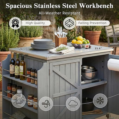 JIJIWANG 42.1" Outdoor Kitchen Island with Stainless Steel Top and Side Shelf, Outdoor Grill Cart with Storage Cabinet and Adjustable Shelves, Kitchen Cart on Wheels for Small Spaces Grey Blue