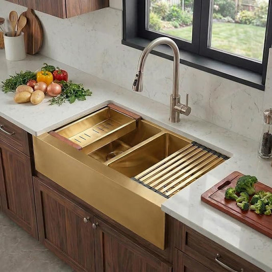 LQS Double Bowl Kitchen Sink, Undermount/Drop In Kitchen Sink, Double Bowl Stainless Steel Kitchen Sinks, 16 Gauge Stainless Steel Handmade Sinks (Gold, 28" x 22" x 10")