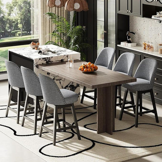 MALOL Swivel Bar Stools Set of 6, Upholstered Fabric Mid Century Mondern Barstools, 26 inch Counter Height Bar Chairs with Solid Back and Wood Legs, for Kitchen Island，Dark Grey