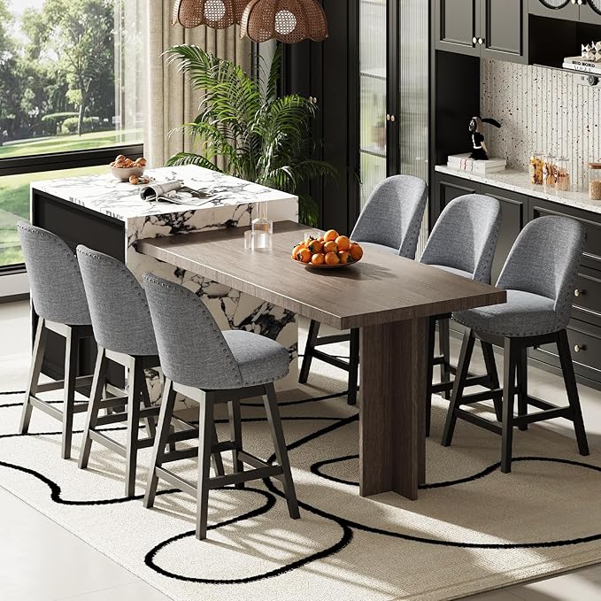 MALOL Swivel Bar Stools Set of 3, Upholstered Fabric Mid Century Mondern Barstools, 26 inch Counter Height Bar Chairs with Solid Back and Wood Legs, for Kitchen Island，Dark Grey