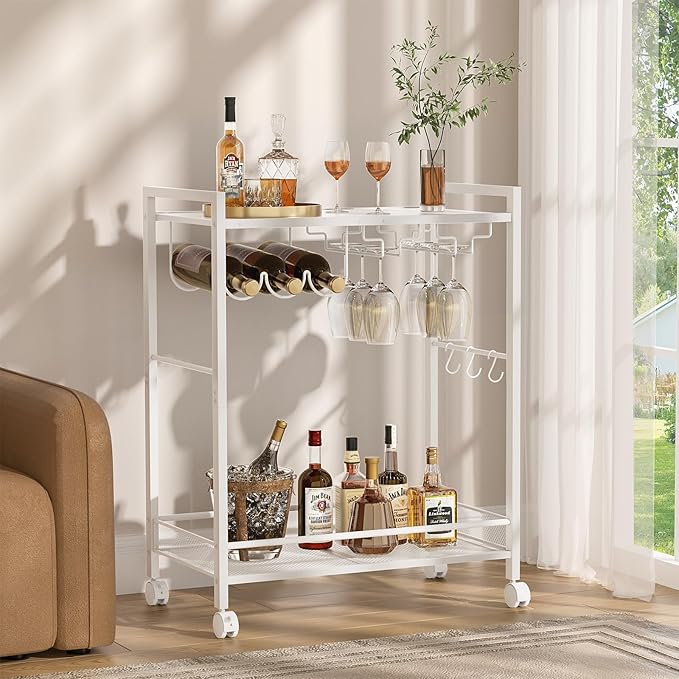 Joaxswe Bar Cart, Home Bar Serving Cart with 2-Tier Shelf,Rolling Beverage Cart with Wheels,Mobile Kitchen Shelf,Modern Wine Drink Cart with Wine Rack and Glass Holder for Kitchen,Dinning Room,White
