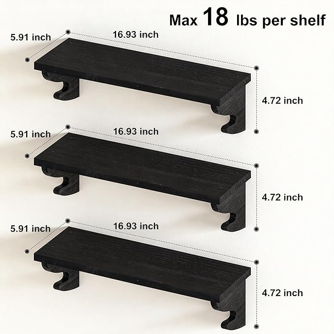 Alsonerbay Black Floating Shelves for Wall 3 Pack, 17 inch Solid Wood Shelves Wall Mount with Hook, Decorative Hanging Shelves for Bedroom Living Room Nursery Office and More