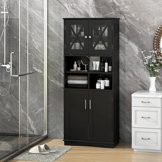 Tangkula Tall Bathroom Cabinet, Modern Kitchen Cupboard Pantry with Adjustable Shelves, 2 Acrylic Doors & 3 Open Cubes, Large Floor Storage Cabinet for Bathroom Living Room (23.5 x 12 x 57 Inch,Black)