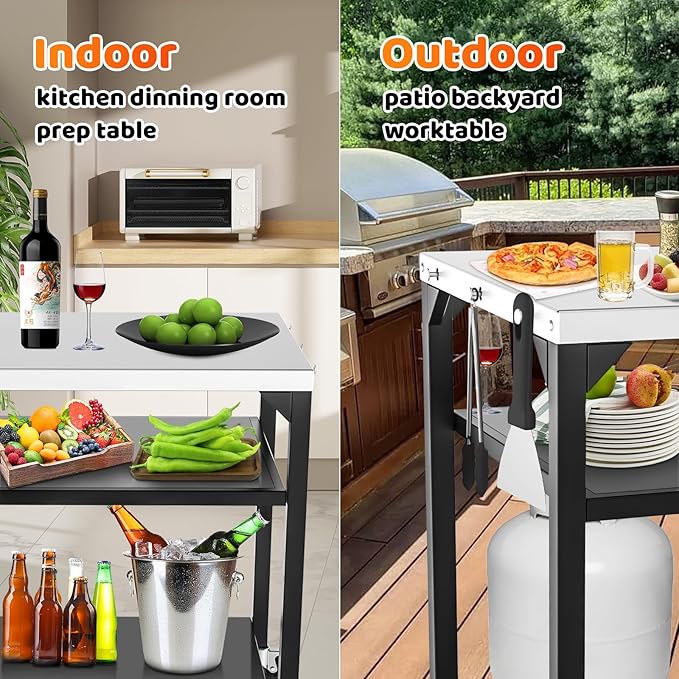 Pizza Oven Table for Ooni, Ninja, Woodfire, Blackstone, Bighorn, Cuisinart, Outdoor Grill Table for Ooni Pizza Oven Accessories, Movable Pizza Oven Stand as Food Prep Cart, Barbecue Tool Set