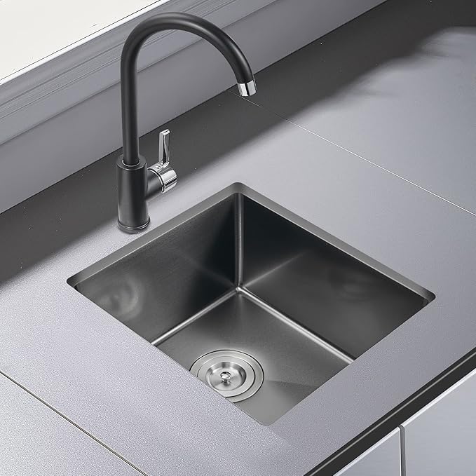 15 inch Bar Sink, KINKIB 15 x 17 inch Undermount Kitchen Bar Sink Single Bowl Black, Handmade T-304 Stainless Steel Bar Sink with Strainer
