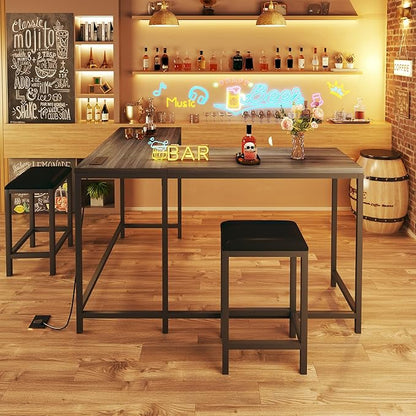 HUAHUU L Shaped Bar Table with 2 Stools, 63‘’ Bar Height Table with Power Outlets, Convertible Corner Counter Height Bar Table, Rectangular High Top Table for Small Spaces, Breakfast Nook, Grey Oak