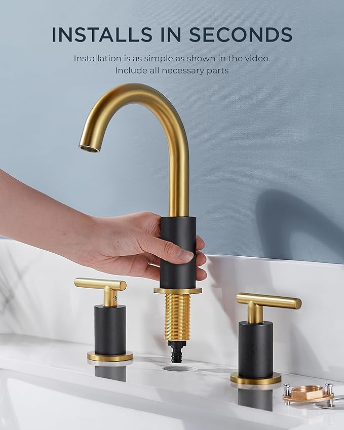 FORIOUS Black and Gold Bathroom Faucet 3 Hole with Pop Up Drain and 24 in Supply Line, 2 Handle Modern Bathroom Vanity Faucet Widespread 8 inch with 360 Degree Swivel Gooseneck, for 6" to 12" Basin