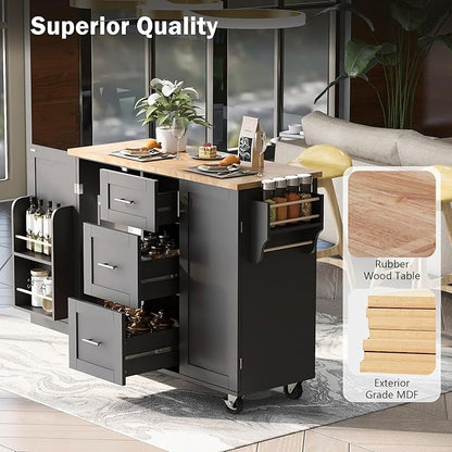 Rolling Kitchen Island with Storage, Kitchen Cart with Rubber Wood Top,3 Drawer,2 Slide-Out Shelf and Internal Storage Rack, Kitchen Island on Wheels with Spice Rack & Tower Rack (Black~09)