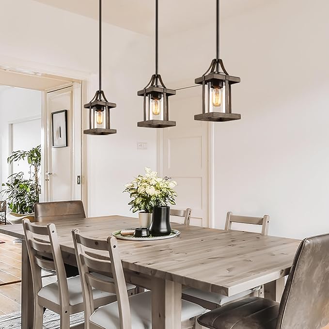 LALUZ Pendant Lights Kitchen Island, Farmhouse Pendant Lighting for Kitchen Island, Rustic Faux Wood Pendant Light with Clear Glass Shade