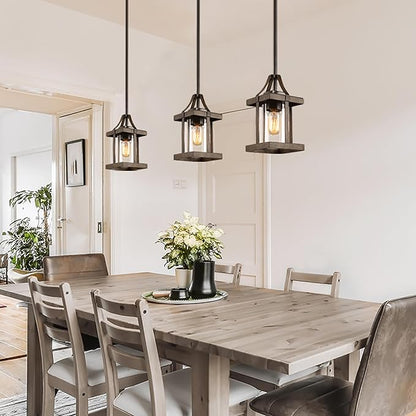 LALUZ Pendant Lights Kitchen Island, Farmhouse Pendant Lighting for Kitchen Island, Rustic Faux Wood Pendant Light with Clear Glass Shade