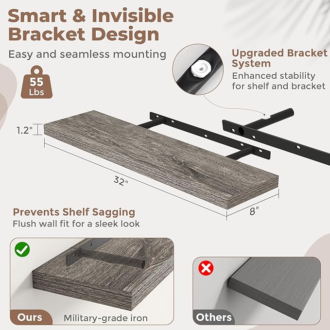 32 Inch Floating Shelves for Wall Set of 2, 8"D Wood Grain Bathroom Shelves with Invisible Brackets, Easy Install Engineered Wood Storage Shelves for Kitchen, Living Room, Bedroom, Grey Oak Finish