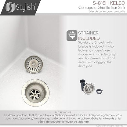 Stylish 15.5 x 17.5 Inch Composite Granite Kitchen or Bar Sink, Single Bowl Under Mount & Drop in, 8.5 in Deep, Rear-Center Drain, with Strainer, White, S-816H