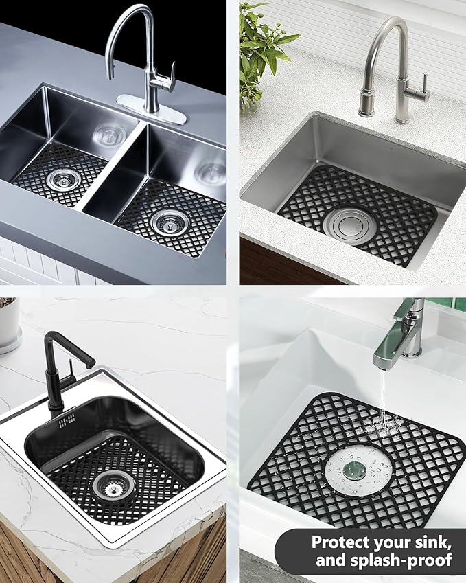 2 Pack Silicone Sink Protector for Kitchen Sink, Trellis Pattern 12 x 11" Sink Grid Mat Silicone Protectors, Center Drain, Black