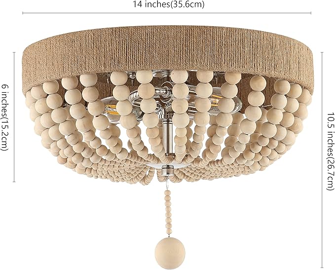 JONATHAN Y 14" Light Taupe and Polished Nickel 2-Light Wood Bead Iron Flush Mount, Farmhouse Bohemian Ceiling Light for Bedroom Hallway, UL Listed, LED Bulbs Included JYL1307A
