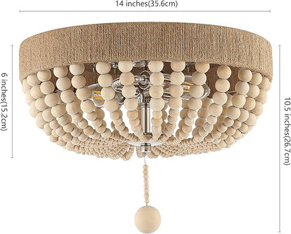JONATHAN Y 14" Light Taupe and Polished Nickel 2-Light Wood Bead Iron Flush Mount, Farmhouse Bohemian Ceiling Light for Bedroom Hallway, UL Listed, LED Bulbs Included JYL1307A