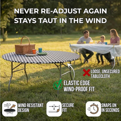 Kwik-Covers 10 Pack of Round Plastic Table Covers - 60" or 72" Round - Indoor or Outdoor Fitted Covers (Tables NOT Included) (Black & White Check, 60" Round)