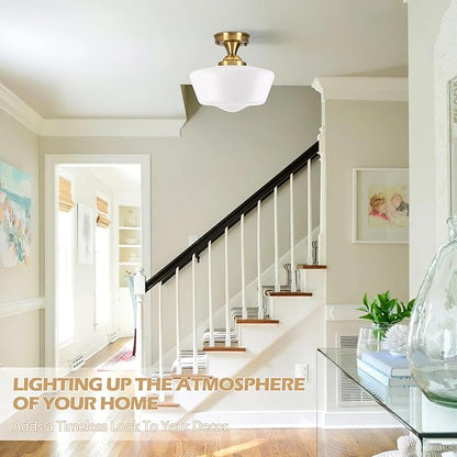 Brass Schoolhouse Light Fixture 12" Mid Century Light Fixture Milk Glass Light Fixtures School House Light Fixtures Ceiling Semi Flush Mount Ceiling Lights for Bedroom Bathroom (bulb Incl.