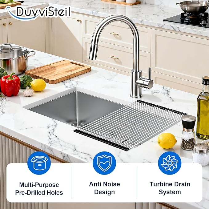 32" x 19" x 9" Kitchen Sink Undermount, S304 Stainless Steel Kitchen Sinks Handmade Modern Single Bowl with Bottom Grid & Drain Assembly