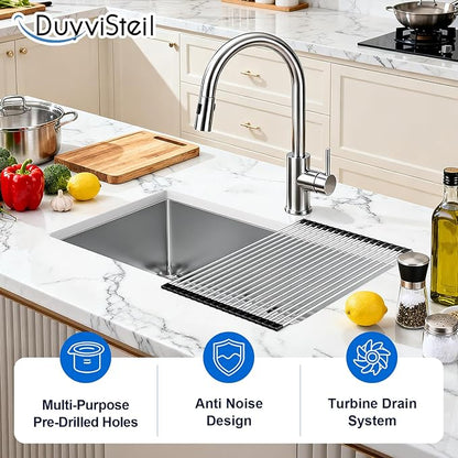 30-inch Undermount Kitchen Sink, S304 Stainless Steel Single Bowl Kitchen Sinks, Modern Kitchen Sink with Bottom Grid & Drain Assembly