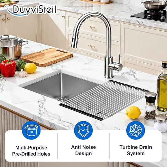 23x18 Undermount Kitchen Sink, S304 Stainless Steel Kitchen Sinks Handmade Modern Single Bowl Deep Sink with Bottom Grid Protector, Roll-up Drying Unit & Drain Assembly