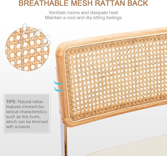 Zesthouse Natural Rattan Dining Chairs Set of 4, Mid Century Modern Dining Chairs with Solid Wood Back & Chrome Base, for Kitchen Living Room, Breuer Design Inspired, Upholstered Linen Fabric, Beige