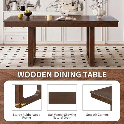 60"-78" Extendable Dining Table – Farmhouse Wooden Kitchen Table with Removable Leaf, Large Expanding Table for 4–8, Rustic Walnut Finish