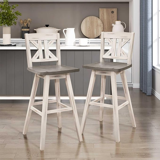 Lexicon Bar Height Bar Stools Set of 2-Solid Wood Frame 360° Swivel Wooden Stools, Foot Rest, KK Back, Wide Seat, Distressed Farmhouse Easy to Clean Finish, 28.5" SH, Antique White/Grey