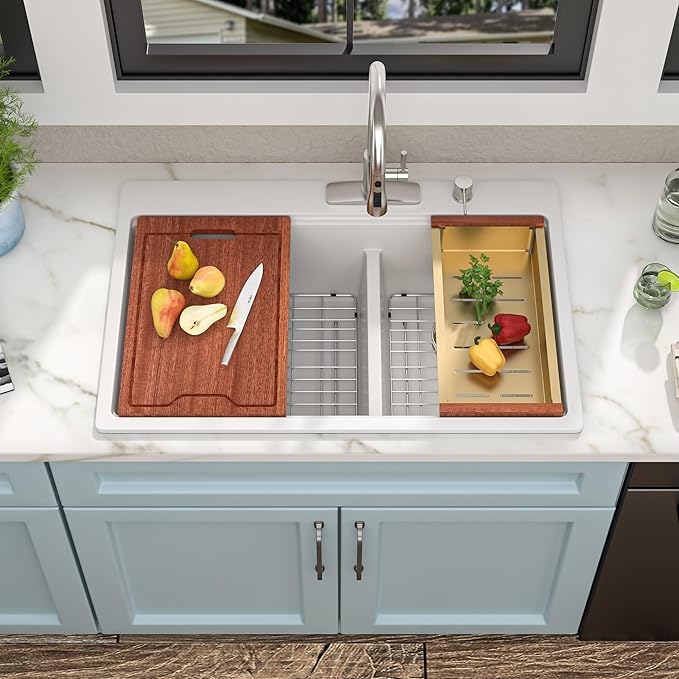 33 Granite Composite Kitchen Sink Double Bowl - Fulorni 33"x22" Granite Kitchen Sink White Ledge Workstation Drop in Topmount Double Bowl 60/40 Luxury Quartz Classic Above Counter Basin