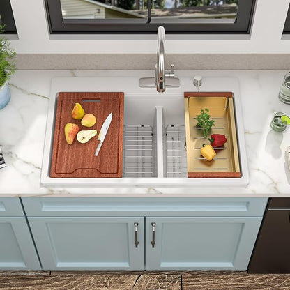 33 Granite Composite Kitchen Sink Double Bowl - Fulorni 33"x22" Granite Kitchen Sink White Ledge Workstation Drop in Topmount Double Bowl 60/40 Luxury Quartz Classic Above Counter Basin