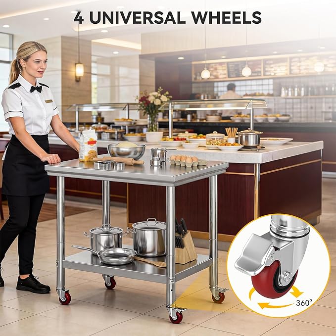 DWVO 30x24in Stainless Steel Table, NSF Metal Prep Worktable with Adjustable Shelf & Wheels for Kitchen Restaurant Hotel Garage Warehouse Home