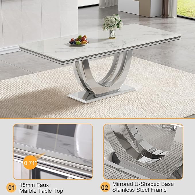Modern Dining Table for 6-8, 68 Inch White Marble Kitchen Table with Silver Mirrored U-Shape Base, Luxurious Rectangular Faux Marble Dining Room Table for Dining Room,Living Room
