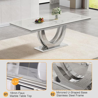 Modern Dining Table for 6-8, 68 Inch White Marble Kitchen Table with Silver Mirrored U-Shape Base, Luxurious Rectangular Faux Marble Dining Room Table for Dining Room,Living Room