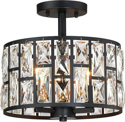 MEXO Farmhouse Crystal Round Semi Flush Mount Close to Ceiling Light Fixture, Drum Shade 3LT Ceiling Lamp for Kitchen Island Dinning Room Bedroom, Hallway Black Finish