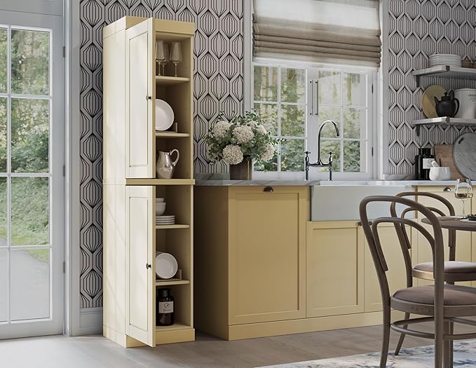 Palace Imports Solid Wood Kitchen Pantry - Narrow Storage Cabinet - Raised Panel Doors, Adjustable Shelves, Yellow, 16.5" Wide x 71.5" Tall, 100% Eco-Friendly Wood, Modular Pantry Cabinet Systems