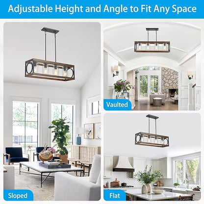 XINGQI 31.5" Industrial Rectangle Chandeliers for Kitchen Island Modern Farmhouse Vintage Linear Hanging 4-Light Fixture for Dining Room Living Room Office Black Wood Grain Finish with Glass Lampshade