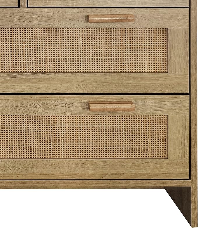GDFStudio 31.5" Rattan Storage Cabinet with 4 Drawers, Modern Farmhouse Sideboard Buffet Cabinet, Wood Credenza Console Table for Living Room Dining Room Kitchen Hallway, Easy Assembly, Natural