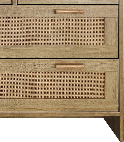 GDFStudio 31.5" Rattan Storage Cabinet with 4 Drawers, Modern Farmhouse Sideboard Buffet Cabinet, Wood Credenza Console Table for Living Room Dining Room Kitchen Hallway, Easy Assembly, Natural
