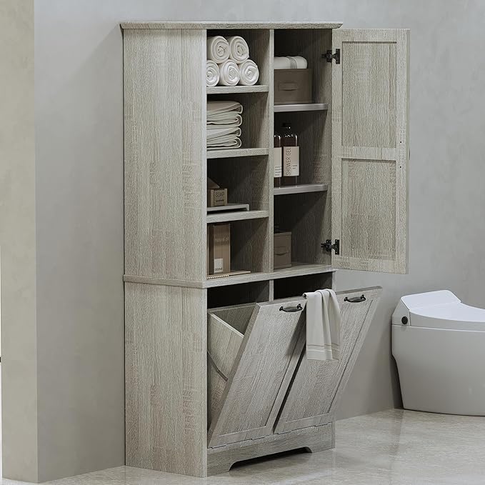 68" Tall Bathroom Storage Cabinet with One Door and Two Laundry Hampers for Home Display Organizer, Adjustable Shelf, Oak