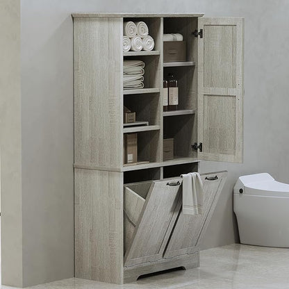 68" Tall Bathroom Storage Cabinet with One Door and Two Laundry Hampers for Home Display Organizer, Adjustable Shelf, Oak