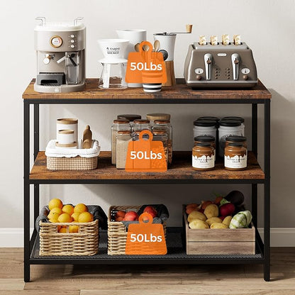 Homleke 39.4" L Kitchen Island with 3 Shelves, Kitchen Shelf with Large Workstation, Bakers Rack, Workbench, Metal Frame, Rustic Brown and Black