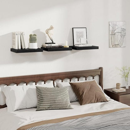 Fun Memories 12 Inch Deep Floating Shelves, 16 x 12 Wooden Wall Shelves, Extra Deeper & Thicker Rustic Wall Mounted Storage Shelf for Fireplace, Living Room, Kitchen, Farmhouse, Black - 3Pack