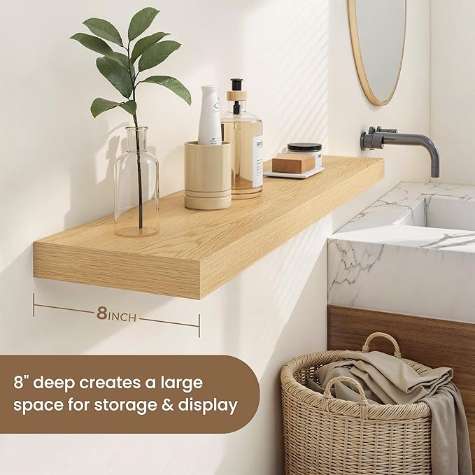 Dreamland 48 Inches Floating Shelves for Wall, 8" Deep Long Floating Shelves Set of 1, Large Display & Storage Shelf, Wall Shelf for Bathroom Bedroom Living Room Kitchen Office, Oak