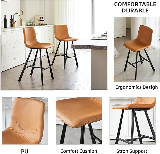 26" Counter Height Bar Stools Set of 2,Faux Leather Barstools with Ergonomic Backrest & Footrest, Sturdy Black Metal Frame PU Bar Chairs for Kitchen Island, Home Bar, Restaurant (Cognac)