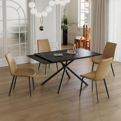 Runboll Extendable Rectangular Dining Table Set for 4, 47"-71" Modern Sintered Stone Kitchen Table with 4 Chairs and Carbon Steel Legs for Dining Room Family Gathering