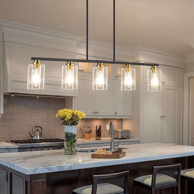 Mecgirn Island Light for Kitchen, Black and Gold Dining Room Light Fixture Over Table, 5-Light Linear Chandelier Pendant Lighting for Dining Table Kitchen Island Living Room